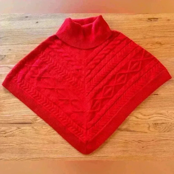 Talbots Cable Knit Triangle Poncho Red Holiday Festive Christmas Sweater Size M - Picture 3 of 9